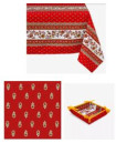 60" Square MARAT Avignon Red Yellow White Filigree Banner on Red Stain-Proof Tablecloth 4-Place 6-Pcs Ensemble Set of 1 Tablecloth, 4 Napkins, I Tidy Bread Basket