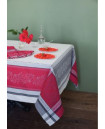 64" Square Tissus Toselli Jacquard Woven Olivia Gray & Red Bordered Tablecloth in Stain-Proof Cotton 
