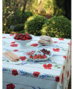 60" Square Tissus Toselli Red Poppies & Lavender on White Tablecloth in Stain-Proof Cotton - For Seating 2-4 persons...Includes 2 Free Napkins...Order More Matching $6 Napkins & $15 Tidy Bread Basket on this Tablecloth Page!