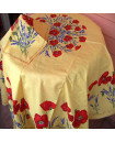 70" Round Tissus-Toselli Red Poppies & Lavender on Yellow Plain Cotton Tablecloth For Seating 2-6 People...Order More Matching $6 Napkins & $15 Tidy Bread Basket on this Tablecloth Page! 