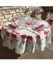 70" Round Tissus-Toselli Red Poppies & Lavender on White Stain-Proof Cotton Tablecloth for Seating 2-6 People...Includes 4 Free Napkins...Order More Matching $6 Napkins & $15 Tidy Bread Basket on this Tablecloth Page! 