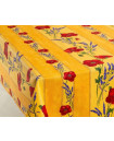 60" Square Tissus Toselli Red Poppies & Lavender on Yellow Stain-Proof Cotton Tablecloth – For Seating 2-4 persons...Includes 2 Free Napkins...Order More Matching $6 Napkins & $15 Tidy Bread Basket on this Tablecloth Page!