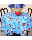 60" Round Tissus Toselli Red Poppies & Lavender on Light-Blue Stain-Proof Cotton Tablecloth For 2-4 Person Seating...Order Matching $6 Napkins & $15 Tidy Bread Basket Displayed on this Tablecloth Page!