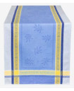 Tissus Toselli French Country Farmhouse 64" x 20" Jacquard-Woven Table Runner of Olive Sprigs on Blue Center & Yellow Filigree Border in Stain-Proof Cotton – Add Farmhouse Elegance to 8 Ft Tables & Kitchen Islands!