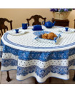 70" Rd 2-6 Place 8-Pcs Ensemble Set Includes 1-TRadition Blue Filigree on White Wipeable Coated Cotton Tablecloth +6 Matching Napkins +1 Tidy Fabric Bread Basket