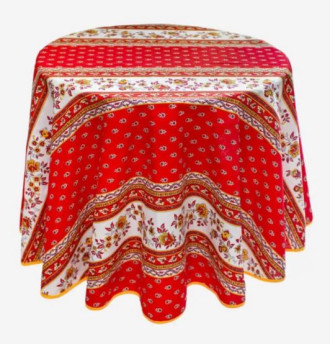 60" Round MARAT Avignon Red & Yellow Filigree on Red Plain Cotton Tablecloth – Includes 2 Free Napkins...Order More Matching $6 Napkins & $15 Tidy Bread Basket on this Tablecloth Page!