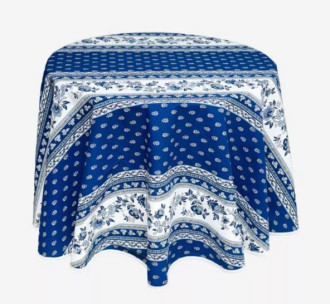 60" Round MARAT Avignon Blue on White Filigree Coated Cotton Tablecloth –For Seating 2-4 persons...Order Matching $6 Napkins & $15 Tidy Bread Basket on this Tablecloth Page! (