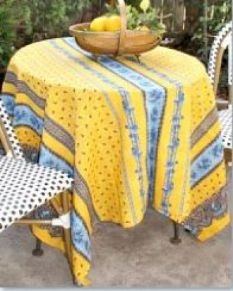 60" Square MARAT Tradition Design Blue on Yellow Stripe Banner Stain-Proof Cotton Tablecloth –For Seating 2-4 persons...Order Matching $6 Napkins & $15 Tidy Bread Basket on this Tablecloth Page!