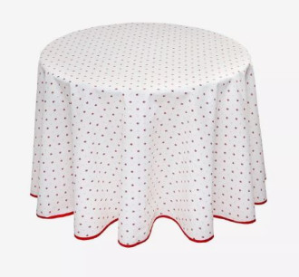 60" Round Tissus-Toselli Red Allover Floral Calissons Buds on White Plain Cotton Tablecloth – Set Your Tabletop with a Bright Red & White Highlights!