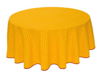 70" Round Tissus-Toselli Red Allover Floral Calissons Buds on Yellow Plain Cotton Tablecloth – Set Your Tabletop with a Sunny Red Wine Theme! 