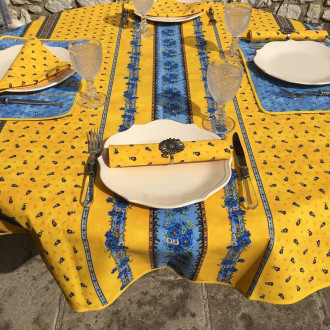 60" Round MARAT Tradition Blue Filigree on Yellow Plain Cotton Tablecloth