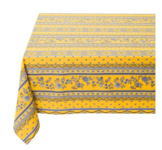 60" Square MARAT Avignon Blue Filigree on Yellow Stripe-Banner Stain-Proof Cotton Tablecloth - For Seating 2-4 persons...Includes 2 Free Napkins...Order More Matching $6 Napkins & $15 Tidy Bread Basket on this Tablecloth Page!