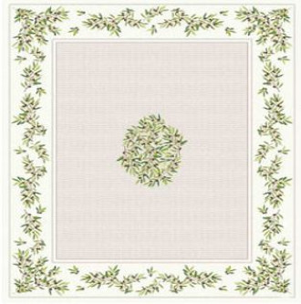 60” Sq Tissus Toselli Nyon 4-Sides Bordered Olives , Leaves on Branches on Grey in Plain Cotton