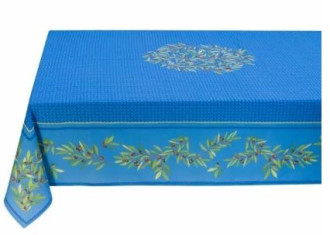 60" Square Tissus Toselli Olives on Branches on Blue Design in Plain Cotton Tablecloth 