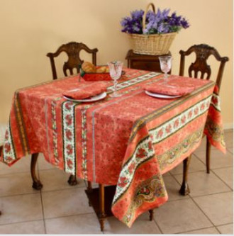 60" Round MARAT Tradition Green Filigree on Orange Rust Plain Cotton Tablecloth 