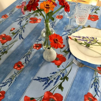60" Square Tissus Toselli Red Poppies & Lavender on Light Blue Plain Cotton Tablecloth For 2-4 Person Seating...Order Matching $6 Napkins & $15 Tidy Bread Basket Displayed on this Tablecloth Page!