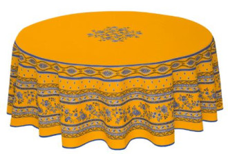 70" Rd 2-6 Place 8-Pcs Ensemble Set Includes 1-Avignon Blue Floral Filigree on Yellow Wipeable Coated Cotton Tablecloth