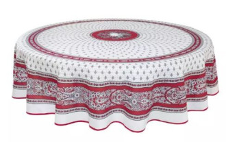 70" Rd 2-6 Place 8-Pcs Ensemble Set Includes 1-Bastide Burgundy Red on White Wipeable Coated Cotton Tablecloth +6 Matching Napkins +1 Tidy Fabric Bread Basket