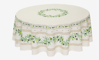 70" Rd 2-6 Place 8-Pcs Ensemble Set Includes 1-Ramatuelle Olives on White Wipeable Coated Cotton Tablecloth +6 Matching Napkins +1 Tidy Fabric Bread Basket 