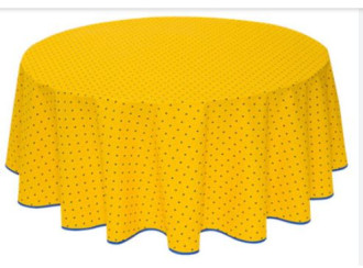 Tissus Toselli 60" Rd Tablecloth 2-4 Place 6-Pcs Blue Floral Calissons Buds on Yellow Ensemble Set in Plain Cotton 4-Place Settings 6-Pcs Set | 1 Tablecloth, 4 Napkins, 1 Tidy Bread Basket – Enjoy French Bistro Dining!