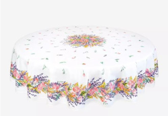 70" Round Tissus Toselli Grasse Roses & Lavender Plain Cotton Tablecloth For Seating 2-6 People...Order More Matching $6 Napkins & $15 Tidy Bread Basket on this Tablecloth Page!