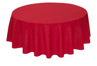 60" Round Tissus-Toselli Yellow Allover Floral Calissons Buds on Red Plain Cotton Tablecloth – Set Your Tabletop with a Sunset & Red Wine Theme! 