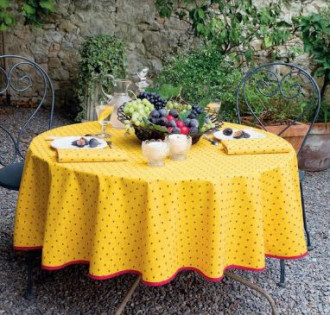 Tissus Toselli 60" Rd Tablecloth 2-4 Place 6-Pcs Red Floral Calissons Buds on Yellow Ensemble Set in Plain Cotton 4-Place Settings 6-Pcs Set | 1 Tablecloth, 4 Napkins, 1 Tidy Bread Basket – Enjoy French Bistro Dining!