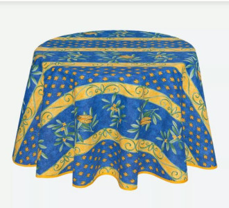 60" Round Tissus Toselli Cigale on Blue Banner Pattern Stain-Proof Cotton Tablecloth – For 2-4 Person Seating...Order Matching $6 Napkins & $15 Tidy Bread Basket Displayed on this Tablecloth Page!