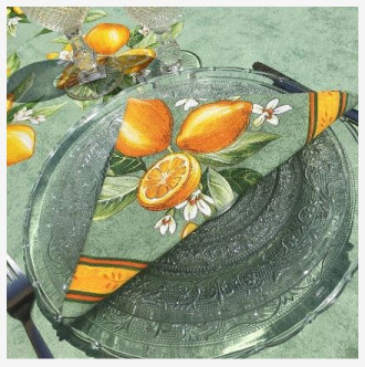 70" Round Tissus-Toselli Citron Lemons & Leaves on Green Plain Cotton Tablecloth for Seating 2-6 People...Includes 4 Free Napkins...Order More Matching $6 Napkins & $15 Tidy Bread Basket on this Tablecloth Page!