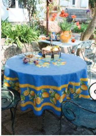 70" Round Tissus-Toselli Citron Lemons & Leaves on Blue Stain-Proof Cotton Tablecloth for Seating 2-6 People...Includes 4 Free Napkins...Order More Matching $6 Napkins & $15 Tidy Bread Basket on this Tablecloth Page!