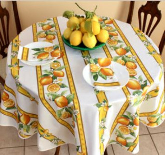 60" Round Tissus Toselli Citron Lemons on White Stain-Proof Cotton Tablecloth – For 2-4 Person Seating...Order Matching $6 Napkins & $15 Tidy Bread Basket Displayed on this Tablecloth Page!