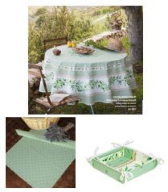 70" Rd 2-6 Place 8-Pcs Ensemble Set Includes 1-Ramatuelle Olives on Green Wipeable Coated Cotton Tablecloth +6 Matching Napkins +1 Tidy Fabric Bread Basket