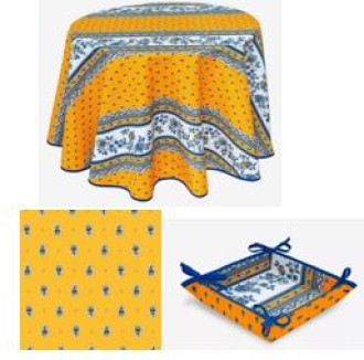 60" Rd MARAT Avignon Blue Filigree Banner on Yellow Stain-Proof Tablecloth 4-Place 6-Pcs Ensemble Set of 1 Tablecloth, 4 Napkins, I Tidy Bread Basket