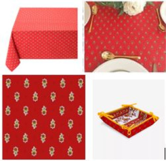 60" Square 4-Place 6-Pcs Red/Yellow/White Ensemble Set Tablecloth with Allover Yellow Calissons Floral Buds Pattern on Plain Cotton 
