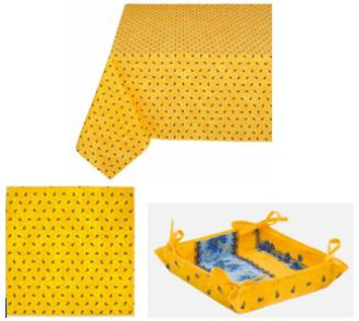 MARAT 60" Sq Tradition 2-4 Place 6-Pcs Blue Floral Calissons Buds on Yellow Plain Cotton Ensemble Set 1 Tablecloth, 4 Napkins, 1 Tidy Bread Basket 