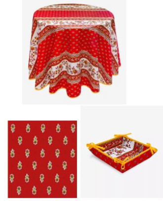 60" Rd 4-Place 6-Pcs Ensemble Set of 1 Coated Cotton Tablecloth +4 Napkins +1 Tidy Bread Basket - Red/Yellow/White Caoted Cotton Tablecloth