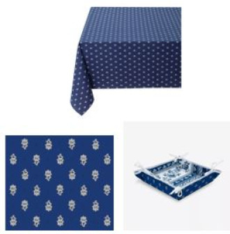 60" Avignon Square 2-4 Place 6-Pcs White Allover Floral Calissons Buds on Blue Coated-Cotton Tablecloth Ensemble Set | 1 Tablecloth, 4 Napkins, I Tidy Bread Basket – Enjoy Royal Blue Cafe Dining!