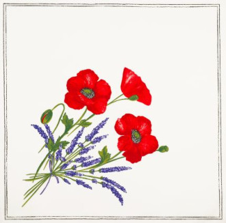 Tissus Toselli Red Poppies and Lavender on White Design 18" x 18" Napkins in Plain Cotton 