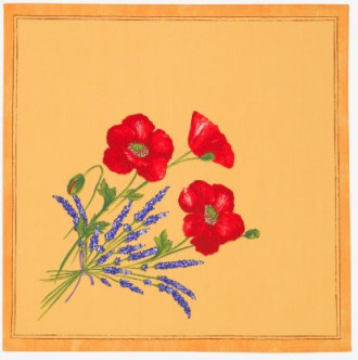 Tissus Toselli Red Poppies and Lavender on Yellow Design 18" x 18" Napkins in Plain Cotton 