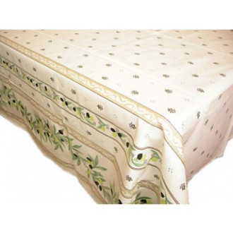 60" Square Tissus Toselli Olives & Leaves on Ecru Plain Cotton Tablecloth For 2-4 Person Seating...Order Matching $6 Napkins & $15 Tidy Bread Basket Displayed on this Tablecloth Page!