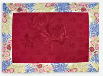 SALE $12 Tissus Toselli 19" x 14" Rectangular Roses & Lavender Bordered Placemats with Red Delft Center Panel in Plain Cotton - Order Matching $6 Napkins & $15 Tidy Bread Basket!