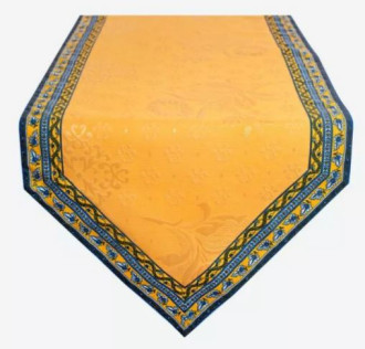 Avignon 60" x 20" French Blue Yellow Table Runner Jacquard Yellow Delt Center with Yellow Filigree Cadre Border