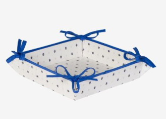 Toselli Allover Blue Calissons on White 8" x 8" Square TIDY Fabric Bread Basket in Stain-Proof Cotton with Corner Tie-Laces