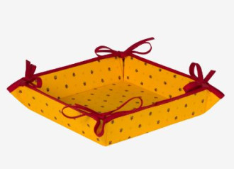 Toselli Allover Red Calissons on Yellow 9" x 9" Square TIDY Fabric Bread Basket in Stain-Ptoof Cotton with Corner Tie-Laces