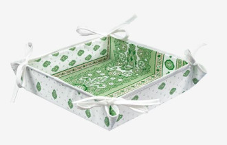 Marat Bastide Green & White 8" x 8" Square 4-Corners Tie-Up TIDY Fabric Bread Basket in Stain-Proof Coated Cotton