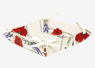 Tissus Toselli Red Poppies & Lavender on White 8" x 8" TIDY 4-Corner Tie-Up Stain-Proof Coated Cotton Bread Basket 